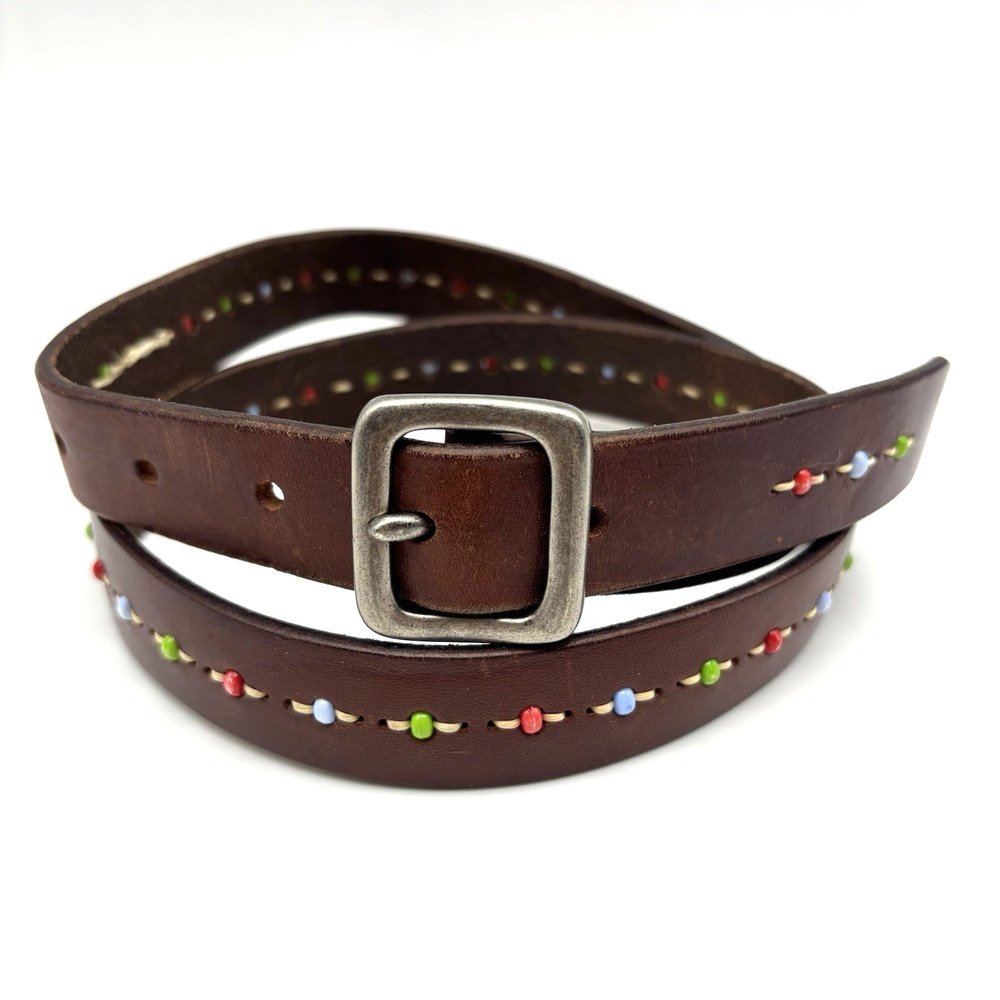 Vintage 90s Y2K Brown Genuine Leather Multicolor Beaded Boho Belt M 32-36"